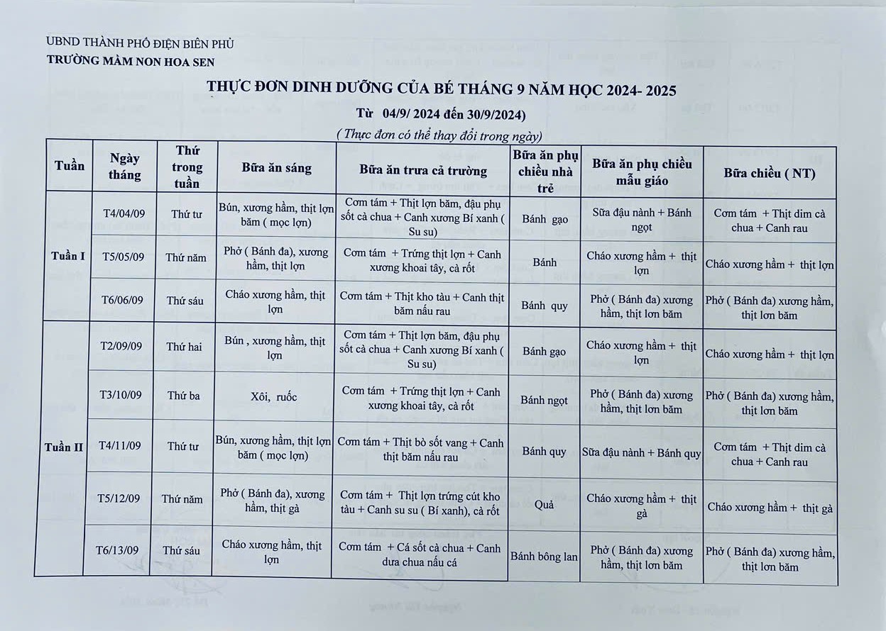 Thực đơn tháng 9 năm học 2024-2025